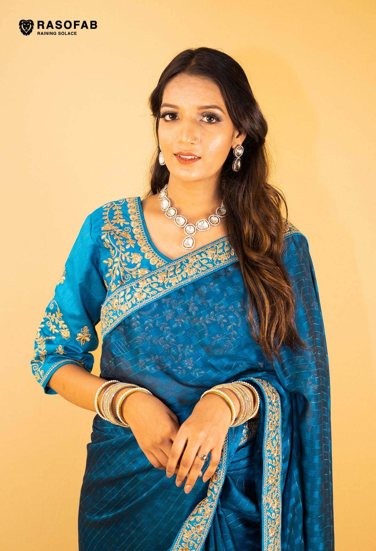 Chiffon Satin patta embroidered Saree with stitched blouse