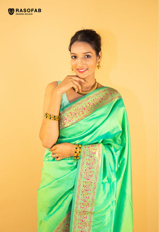 Green Semi Silk Saree with border