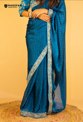 Chiffon Satin patta embroidered Saree with stitched blouse