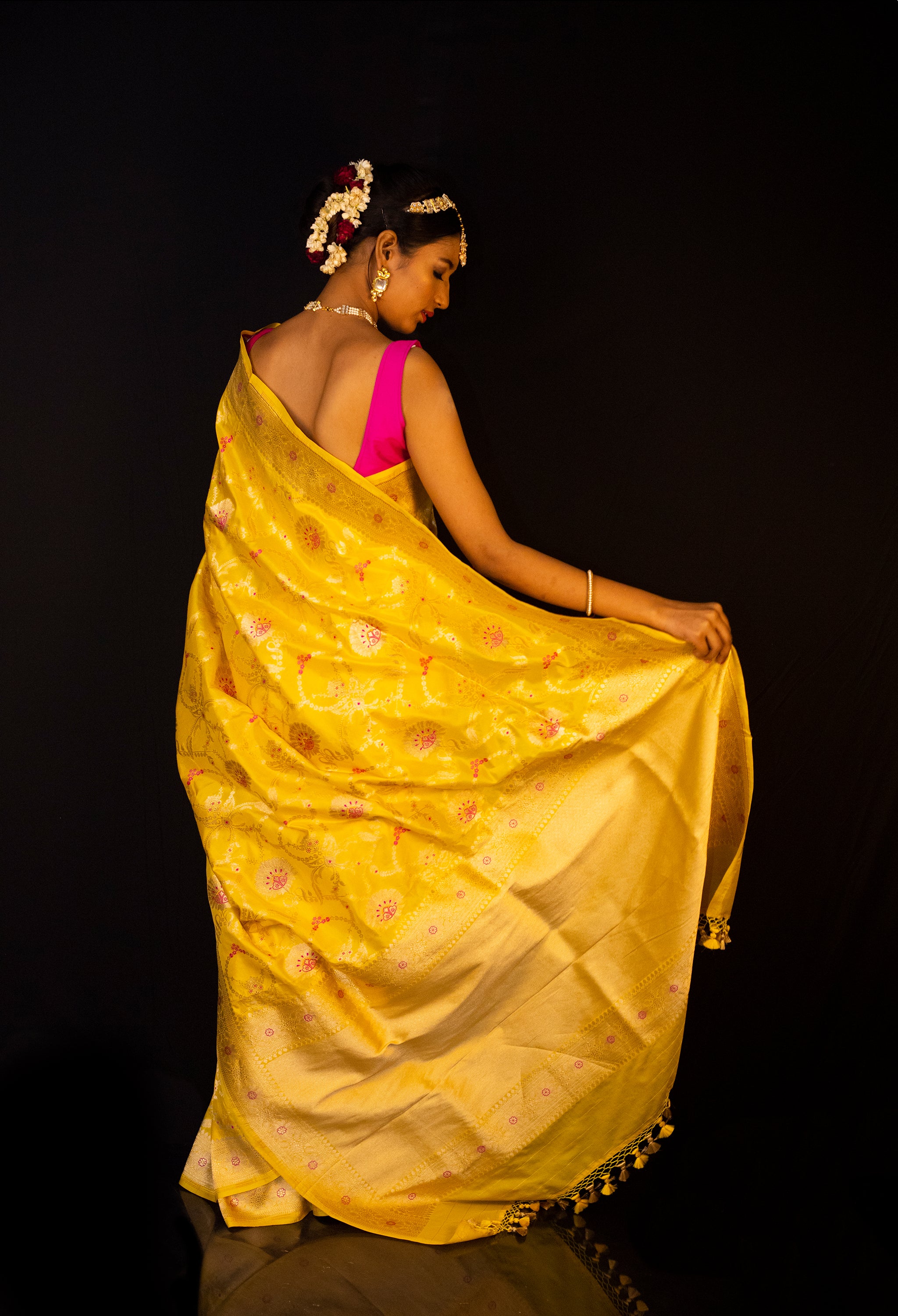 Yellow Banarasi Meenadar Katan Silk Jangla Saree