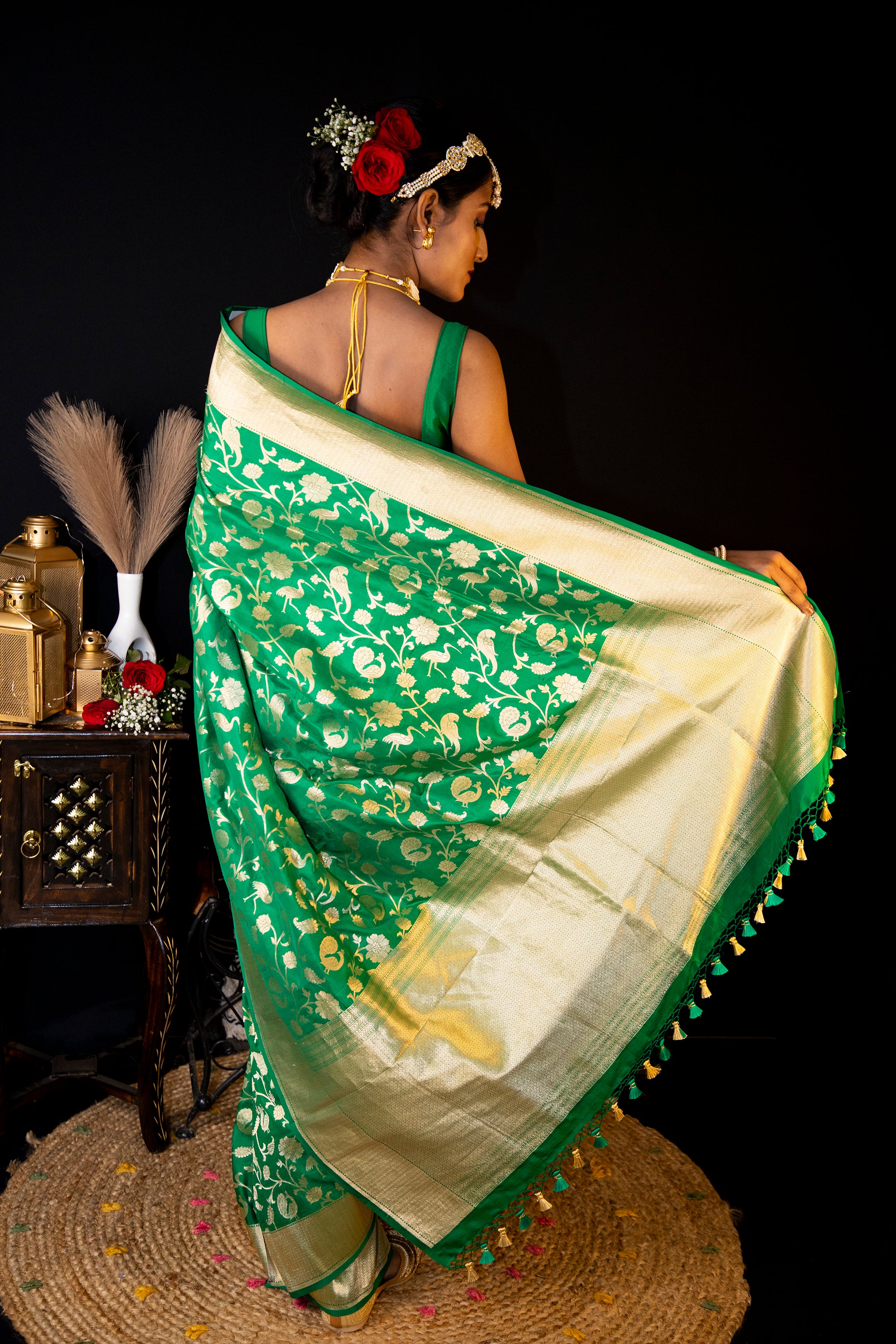 Green Shikara Pure Kataan Silk Banarasi Saree