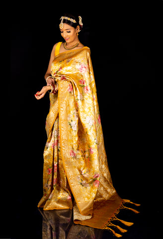 Yellow Digital Print Silk Saree