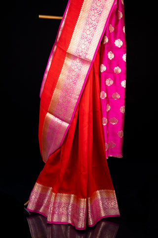 Pure Moonga Silk Red and Magenta Double Shade Saree