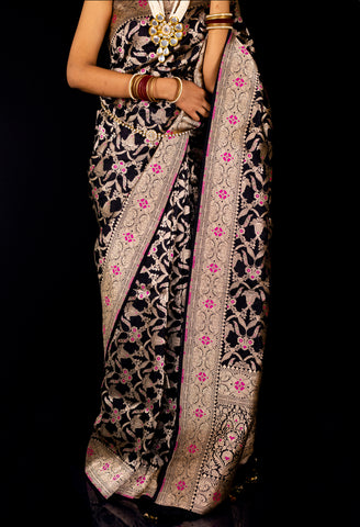 Black Banarasi Meenadar Jangla Saree