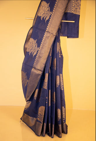 Navy Blue Chanderi Cotton Banarasi Silk Saree