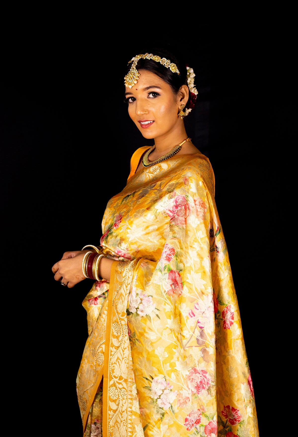Yellow Digital Print Silk Saree
