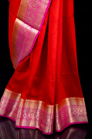 Pure Moonga Silk Red and Magenta Double Shade Saree