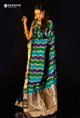 Green & Blue Rangkat Lehariya Semi silk saree