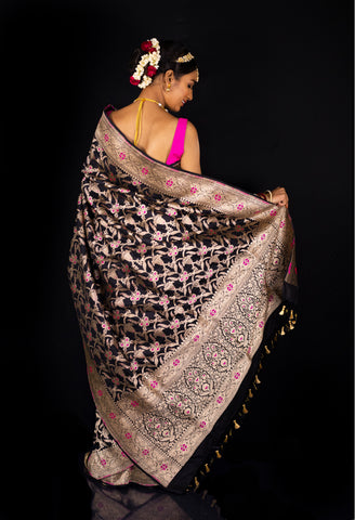 Black Banarasi Meenadar Jangla Saree