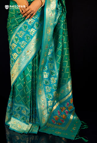 Green Patola Semi silk saree with Cutdana  and mirror work