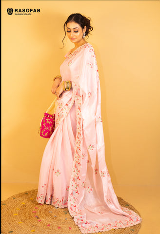 Light Pink Jimmy Choo saree with Swarovski work in peacock pattern