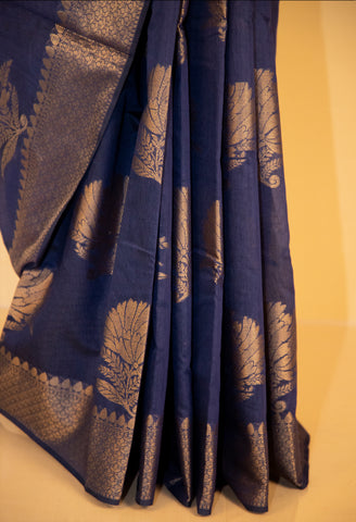 Navy Blue Chanderi Cotton Banarasi Silk Saree