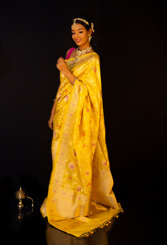 Yellow Banarasi Meenadar Katan Silk Jangla Saree