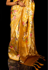 Yellow Digital Print Silk Saree