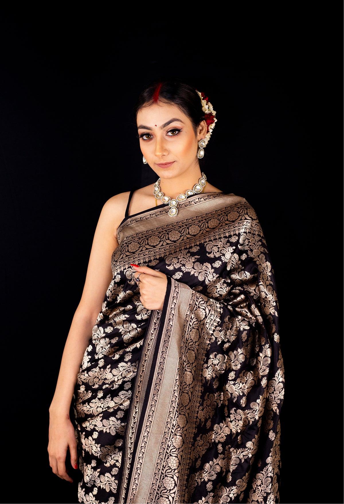 Black Katan Silk Woven Banarasi Silk Saree With Meena Work – BharatSthali