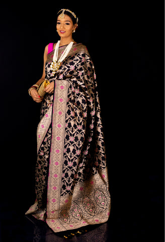 Black Banarasi Meenadar Jangla Saree