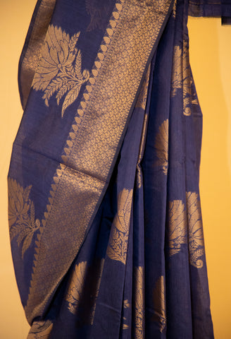 Navy Blue Chanderi Cotton Banarasi Silk Saree