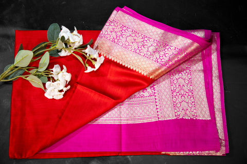 Pure Moonga Silk Red and Magenta Double Shade Saree