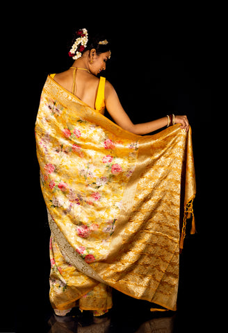 Yellow Digital Print Silk Saree