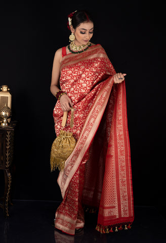 Red Shikargah Katan Silk Handloom Banarasi Saree