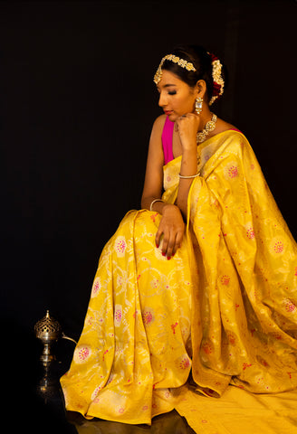 Yellow Banarasi Meenadar Katan Silk Jangla Saree