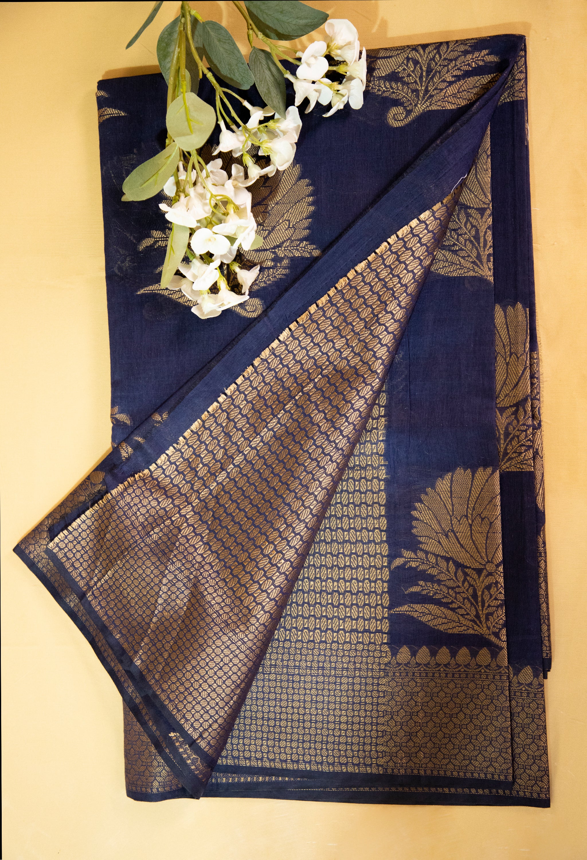 Navy Blue Chanderi Cotton Banarasi Silk Saree