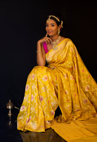 Yellow Banarasi Meenadar Katan Silk Jangla Saree