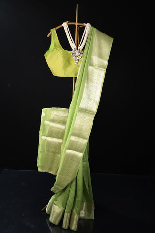 Green Pure Moonga Silk Saree With Golden Zari Border