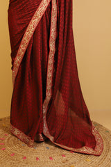 Red Pure Chiffon Satin Patta with Stitched blouse