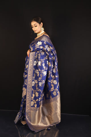 Navy blue Jangla pattern Semi Silk saree