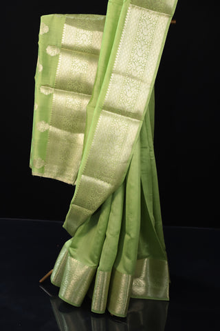 Green Pure Moonga Silk Saree With Golden Zari Border