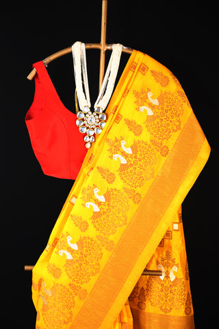 Yellow Semi Banarasi Soft Silk Saree