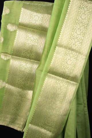 Green Pure Moonga Silk Saree With Golden Zari Border