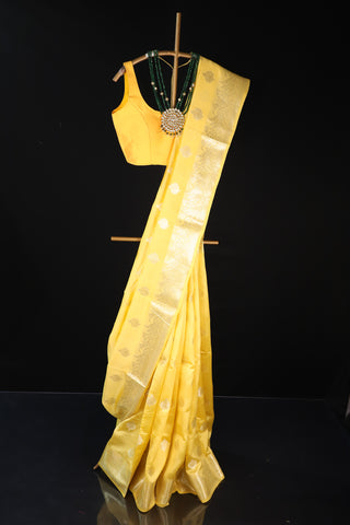 Golden Glow: Yellow Pure Chiniya Silk Saree with Radiant Elegance