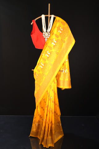 Yellow Semi Banarasi Soft Silk Saree