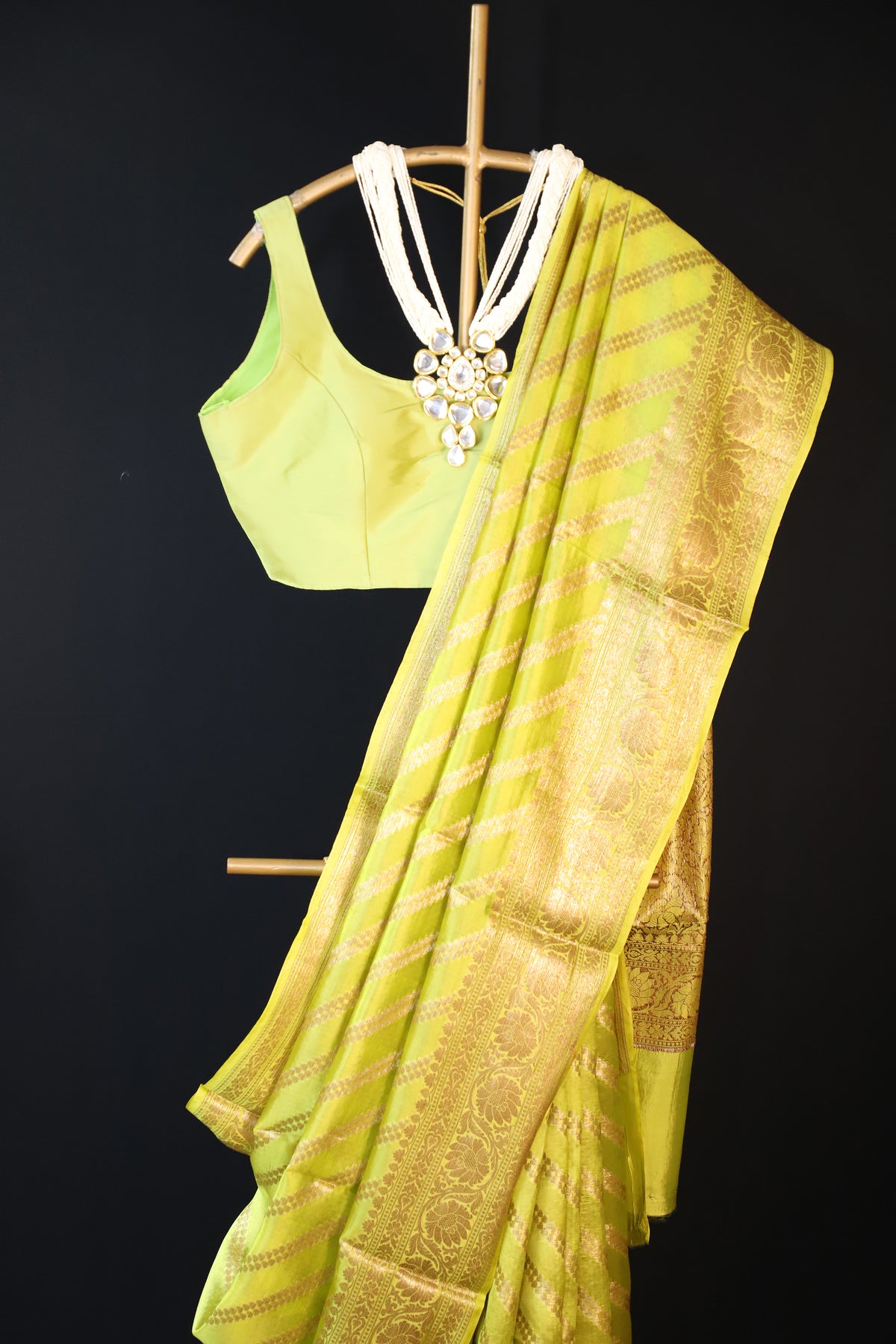 Green Pure Silk with Golden Zari Border Saree