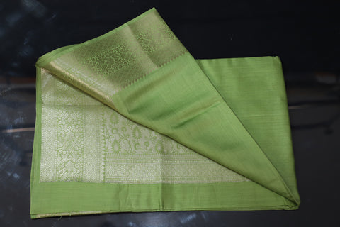 Green Pure Moonga Silk Saree With Golden Zari Border