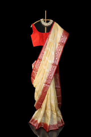 Cream & Red Semi Silk Banarasi Saree