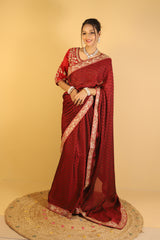 Red Pure Chiffon Satin Patta with Stitched blouse