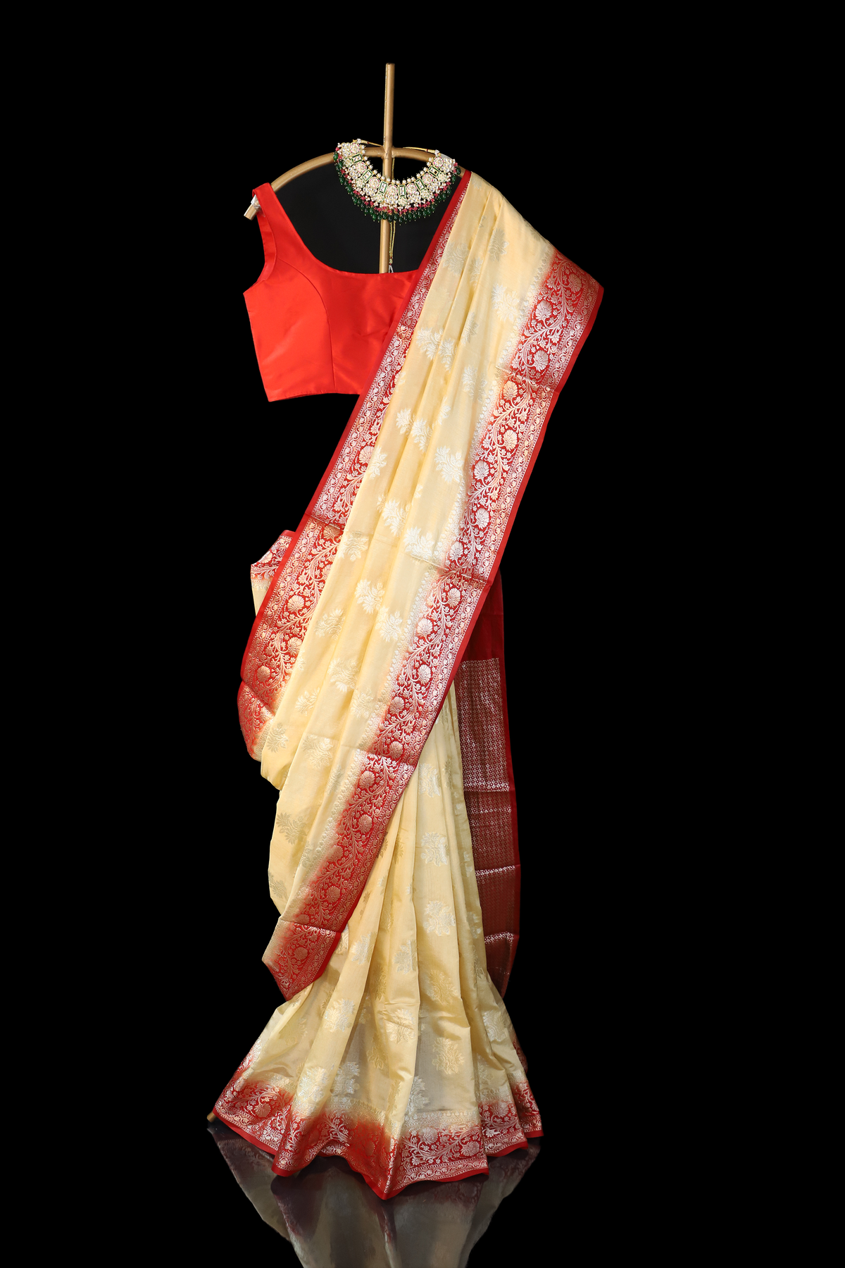 Cream & Red Semi Silk Banarasi Saree