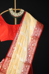 Cream & Red Semi Silk Banarasi Saree