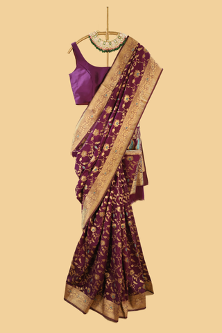 Purple Semi Banarasi Soft Silk Saree With Golden Border