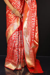 Red Half and half Patola pattern semi silk saree