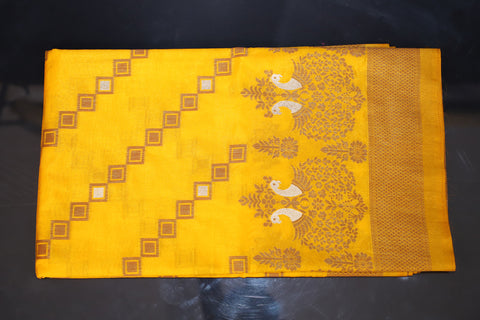 Yellow Semi Banarasi Soft Silk Saree