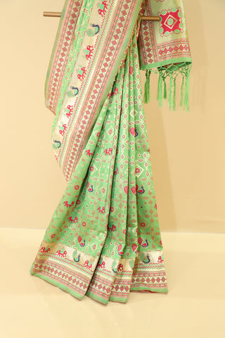 Green  Semi Silk Patola Saree