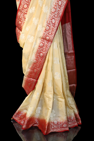 Cream & Red Semi Silk Banarasi Saree