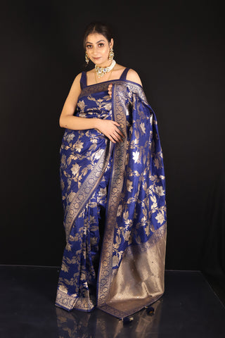 Navy blue Jangla pattern Semi Silk saree