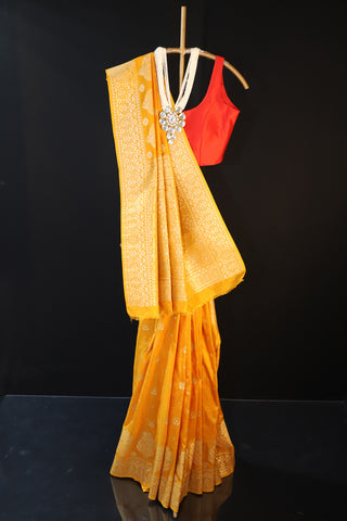 Yellow Semi Banarasi Soft Silk Saree