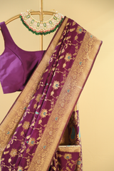Purple Semi Banarasi Soft Silk Saree With Golden Border