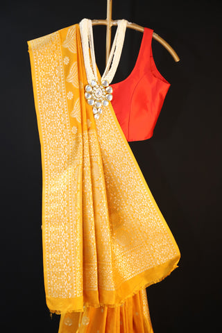 Yellow Semi Banarasi Soft Silk Saree